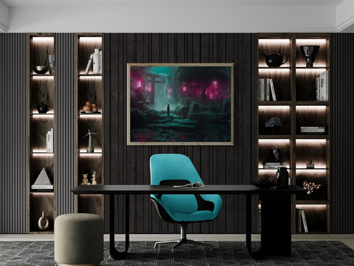 Surreal neon fantasy canvas showing glowing waterfall shrine in dreamlike atmosphere.