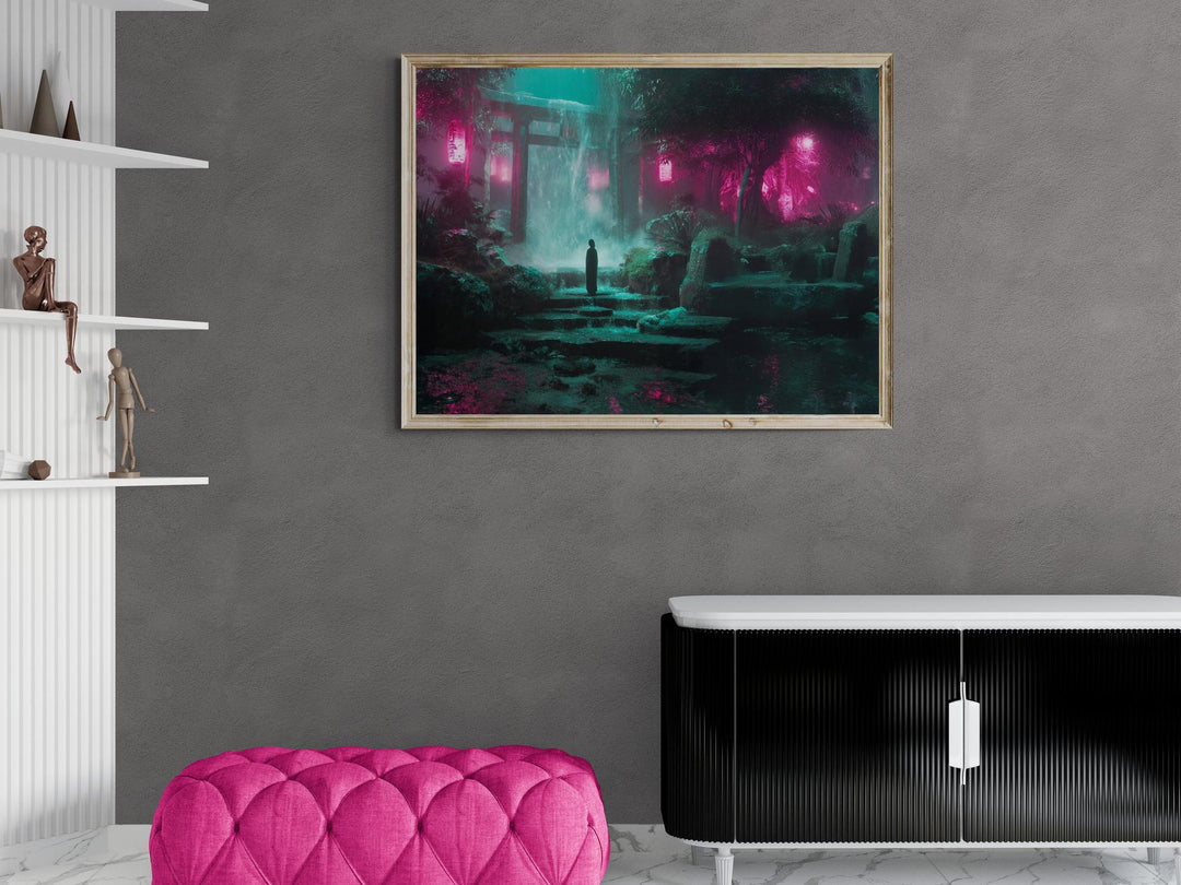 Surreal neon fantasy canvas showing glowing waterfall shrine in dreamlike atmosphere.