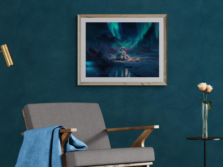 Polar bear playing a cello under glowing green and blue northern lights on an arctic landscape with reflective water.