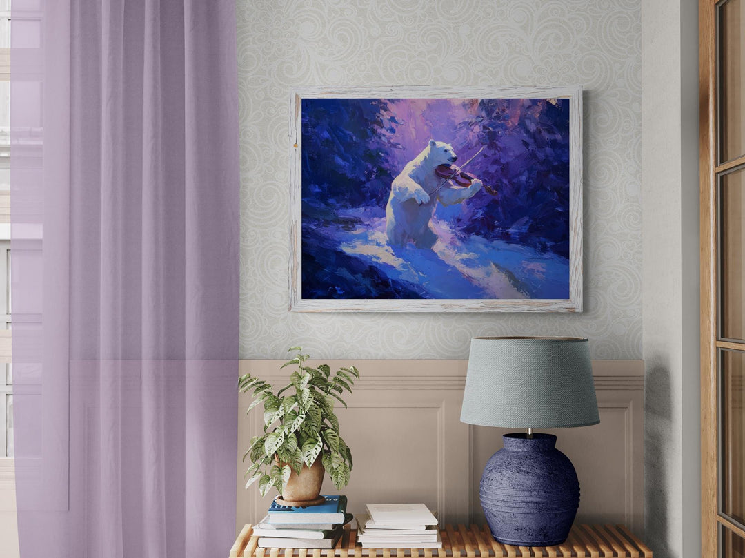 Fantasy wall art poster of a polar bear playing the violin in a purple winter forest