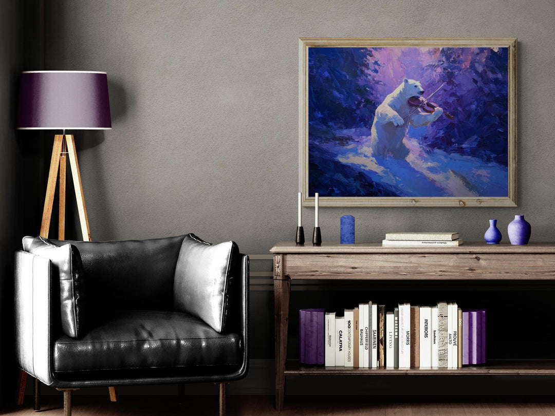 Fantasy canvas wall art of a polar bear playing the violin in a purple winter forest.