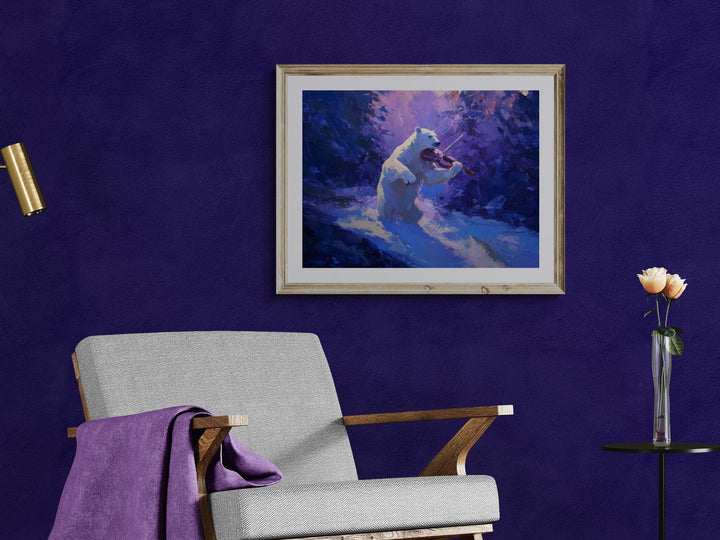 Fantasy wall art poster of a polar bear playing the violin in a purple winter forest hanging on a wall above a modern chair.