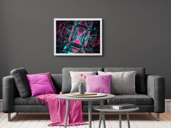 Neon pink and teal hourglass surrounded by infinite mirrored reflections in a cyberpunk surreal scene.