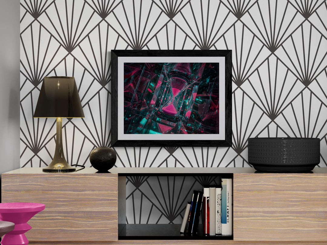 Neon pink and teal hourglass surrounded by infinite mirrored reflections in a cyberpunk surreal scene.