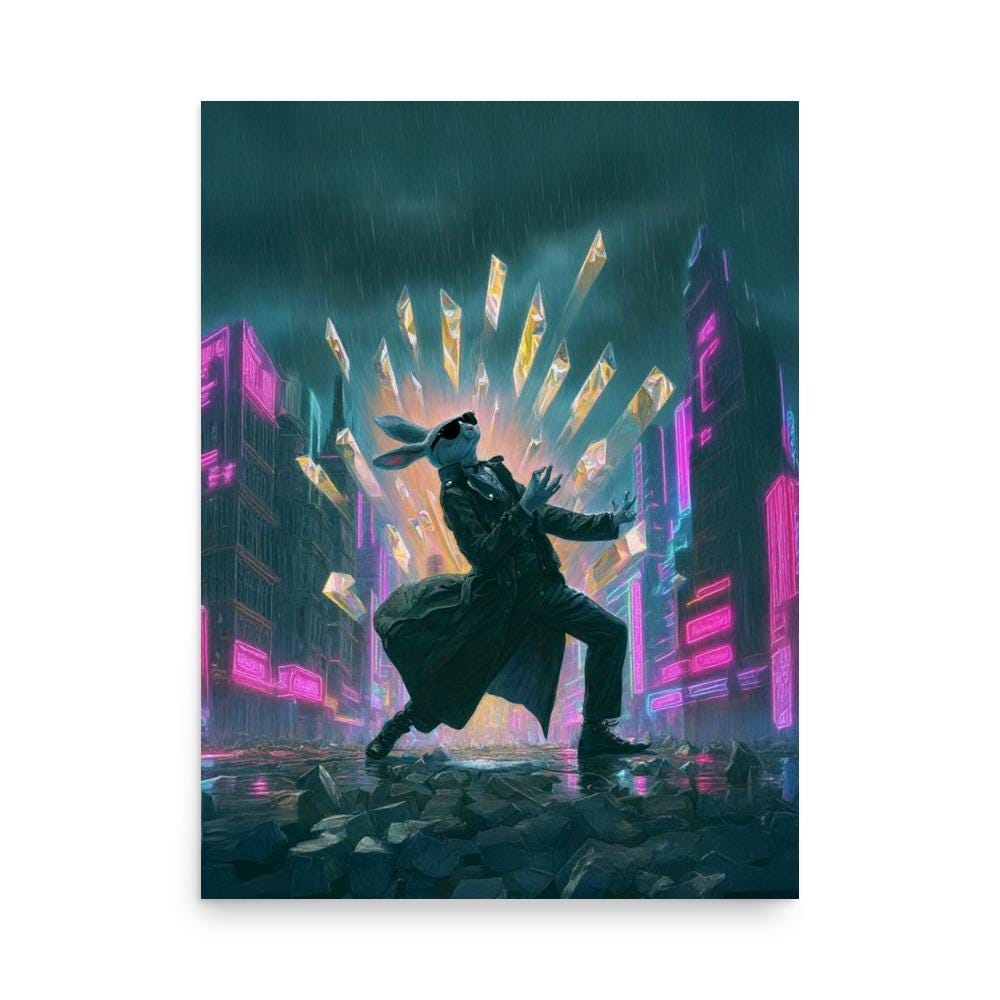 Cyberpunk rabbit poster with neon explosion—bold sci-fi wall art for dreamcore, weirdcore, and futuristic decor lovers.