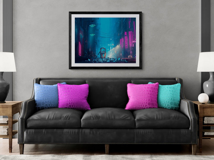 Cyberpunk tiger poster in neon alleyway – bold futuristic sci-fi wall art. Perfect for dreamcore, weirdcore, or neon city lovers.