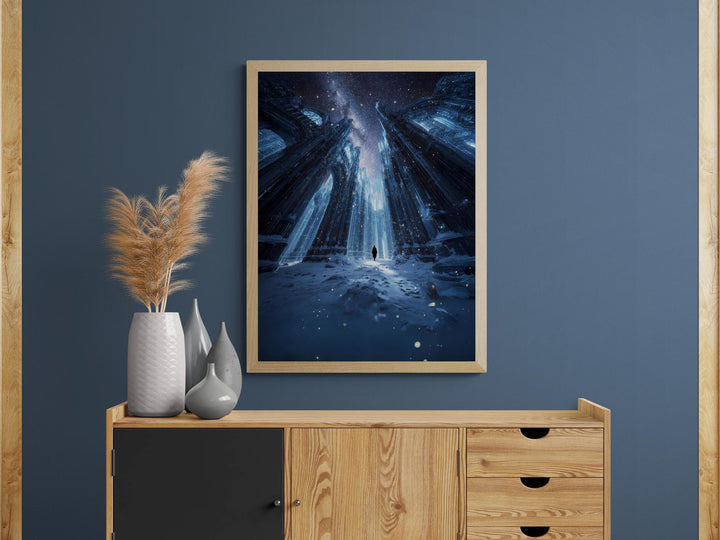 Frozen cathedral canvas with cosmic night sky—surreal winter wall art printed on gallery wrapped canvas, ready to hang.