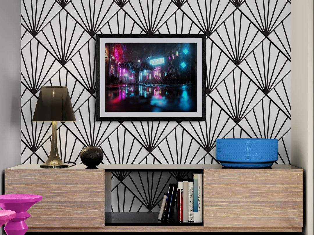 Cyberpunk angel poster in neon city rain—dark futuristic winged figure wall art for sci-fi, dreamcore, and weirdcore decor lovers.