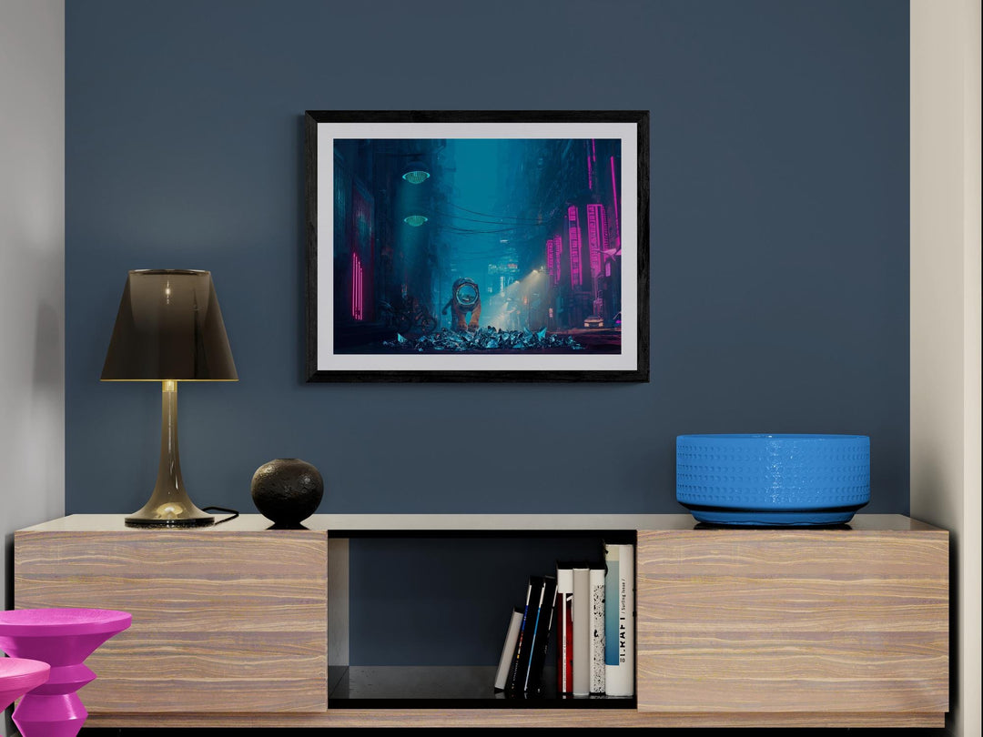 Cyberpunk tiger poster in neon alleyway – bold futuristic sci-fi wall art. Perfect for dreamcore, weirdcore, or neon city lovers.