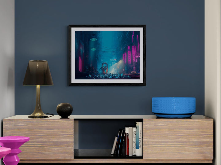 Cyberpunk tiger poster in neon alleyway – bold futuristic sci-fi wall art. Perfect for dreamcore, weirdcore, or neon city lovers.