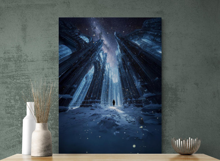 Frozen cathedral canvas with cosmic night sky—surreal winter wall art printed on gallery wrapped canvas, ready to hang.