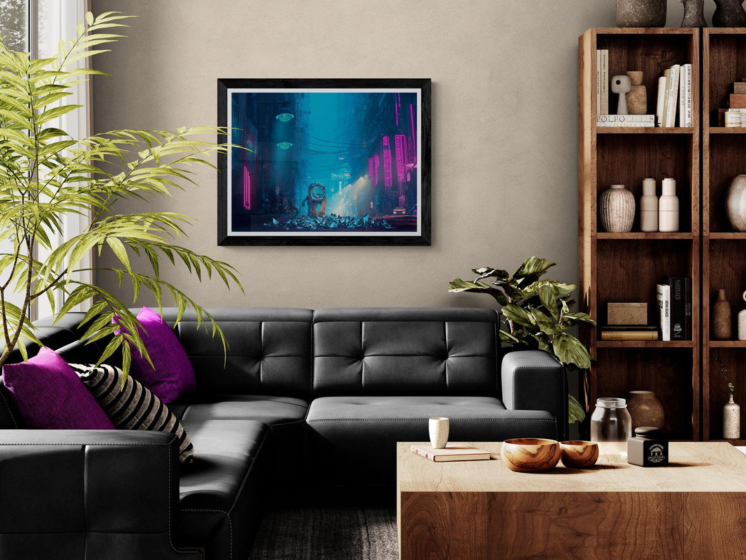 Cyberpunk tiger poster in neon alleyway – bold futuristic sci-fi wall art. Perfect for dreamcore, weirdcore, or neon city lovers.