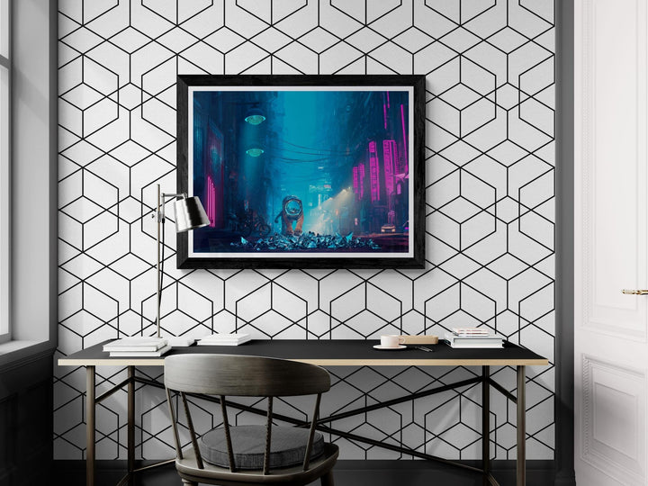 Cyberpunk tiger poster in neon alleyway – bold futuristic sci-fi wall art. Perfect for dreamcore, weirdcore, or neon city lovers.