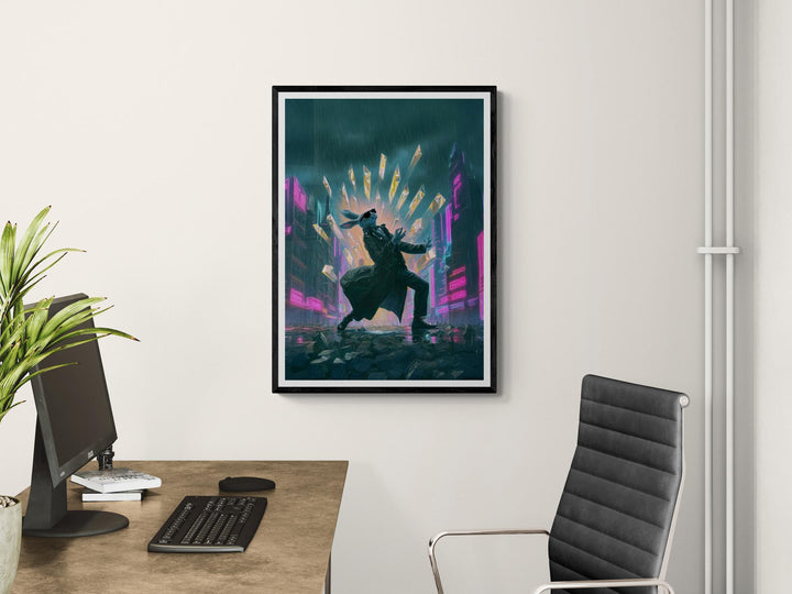 Cyberpunk rabbit poster with neon explosion—bold sci-fi wall art for dreamcore, weirdcore, and futuristic decor lovers.