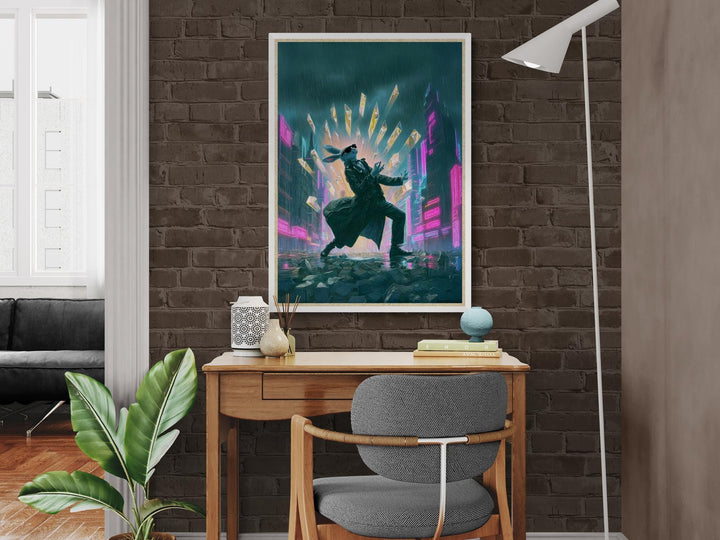 Cyberpunk rabbit poster with neon explosion—bold sci-fi wall art for dreamcore, weirdcore, and futuristic decor lovers.