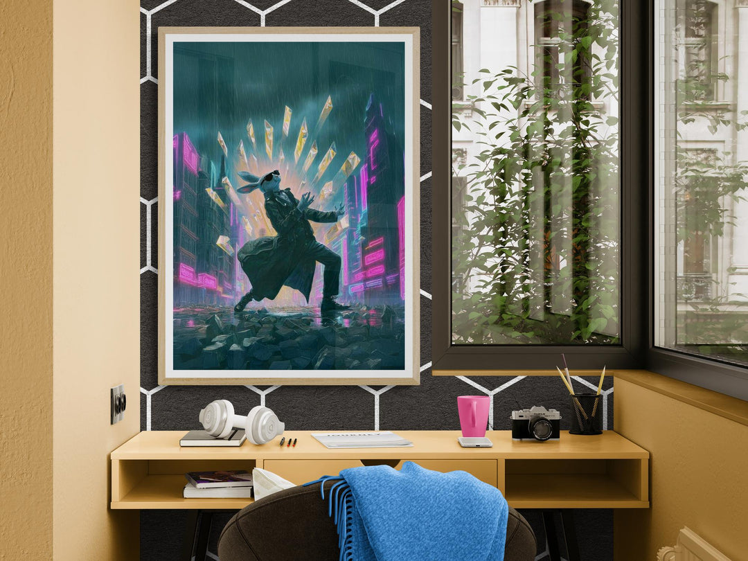 Cyberpunk rabbit poster with neon explosion—bold sci-fi wall art for dreamcore, weirdcore, and futuristic decor lovers.