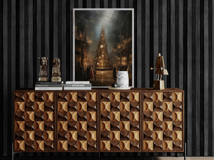 A detailed steampunk-Victorian holiday artwork depicting a towering clockwork Christmas tree illuminated by brass lanterns and mechanical ornaments inside a grand glass-roofed hall filled with festive figures and warm candlelight.