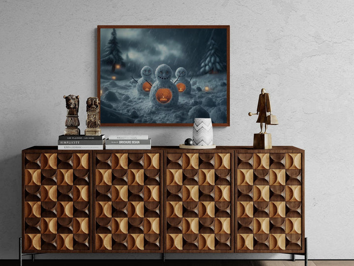 A magical winter artwork depicting three snowmen glowing from within by candlelight in a snowy forest at night, surrounded by soft falling snow and flickering lanterns — a cozy, surreal Christmas fantasy scene.