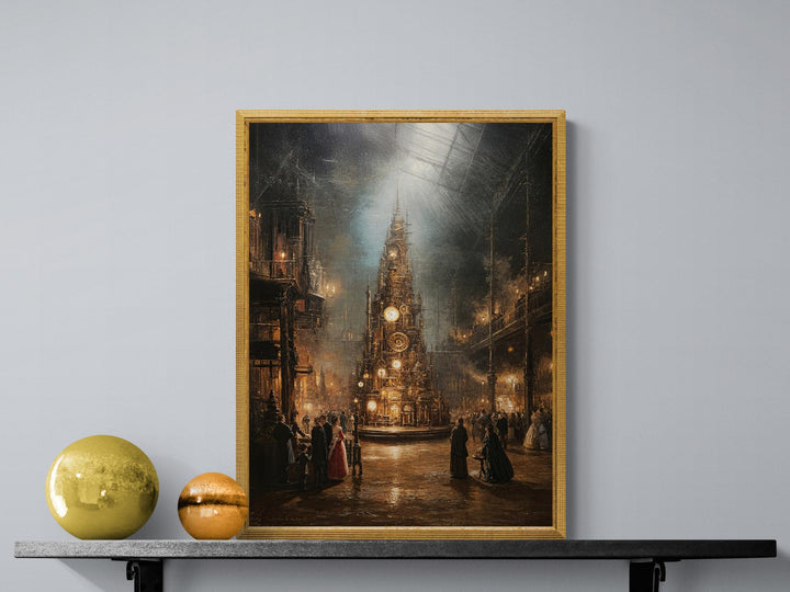 A detailed steampunk-Victorian holiday artwork depicting a towering clockwork Christmas tree illuminated by brass lanterns and mechanical ornaments inside a grand glass-roofed hall filled with festive figures and warm candlelight.