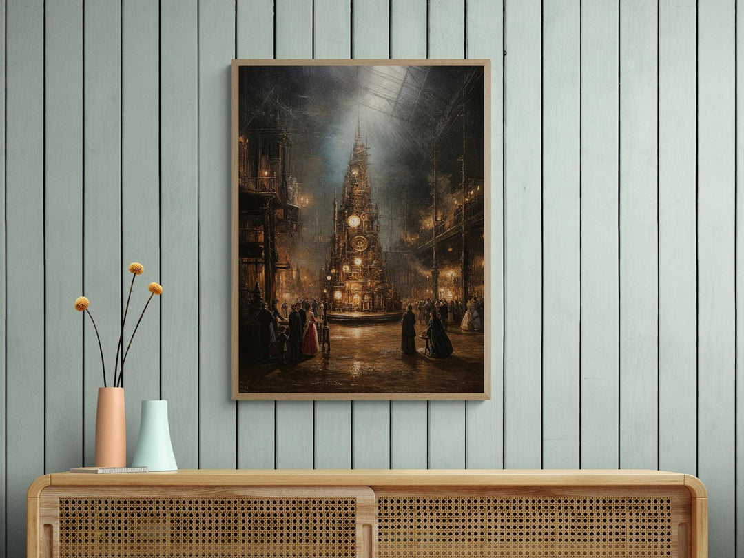 Steampunk Christmas tree glowing with brass lights in a grand Victorian hall.