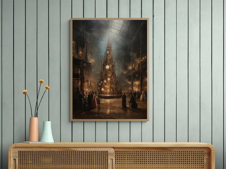 Steampunk Christmas tree glowing with brass lights in a grand Victorian hall.