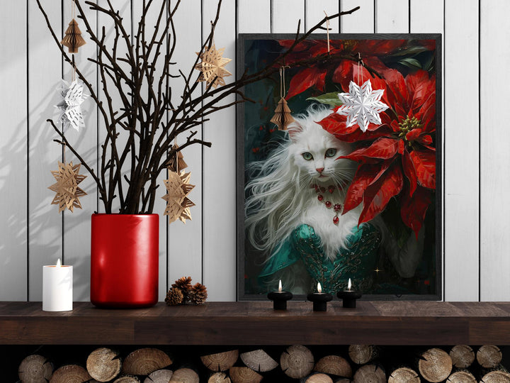 Elegant white cat wearing an emerald gown and ruby necklace, surrounded by vivid red poinsettias in a Victorian fantasy Christmas scene.