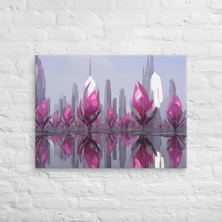 Sci-fi cityscape of tall pink crystal structures mirrored over water under soft light