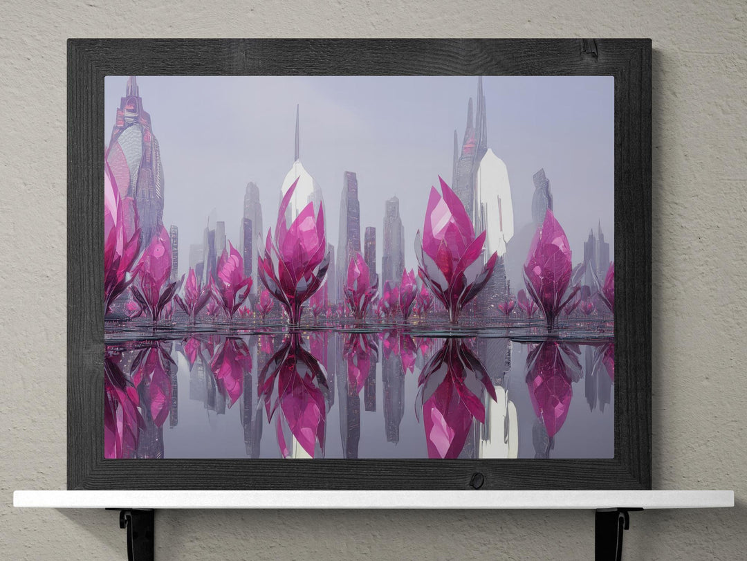Futuristic city of glowing pink crystal towers reflecting on water