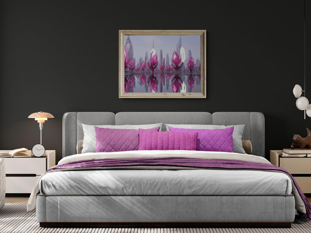 Sci-fi cityscape of tall pink crystal structures mirrored over water under soft light