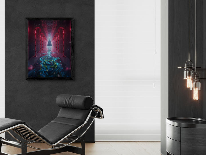 Surreal futuristic Christmas artwork featuring a glowing cybernetic tree at the end of a reflective neon corridor lined with candy canes and circuitry patterns — perfect for modern holiday decor.