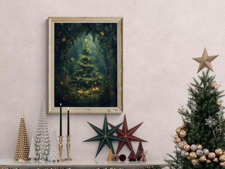 Fantasy art of a glowing Christmas tree surrounded by lanterns and forest fairies.