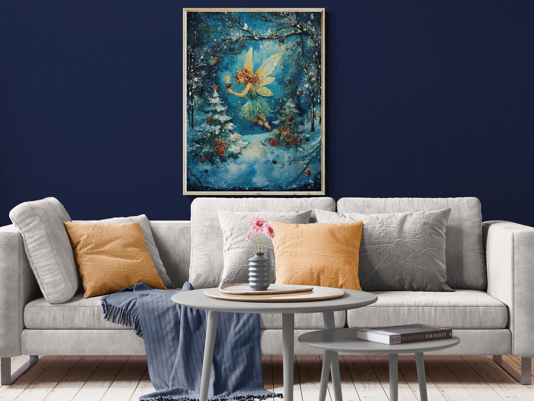 Enchanted winter scene of a fairy holding a glowing candle as she floats through a snowy forest decorated with ornaments and Christmas gifts, blending fantasy and holiday magic.