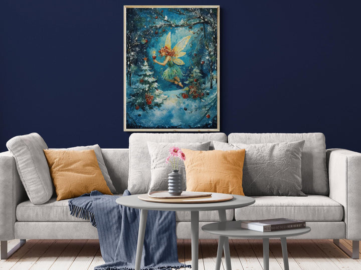 Enchanted winter scene of a fairy holding a glowing candle as she floats through a snowy forest decorated with ornaments and Christmas gifts, blending fantasy and holiday magic.