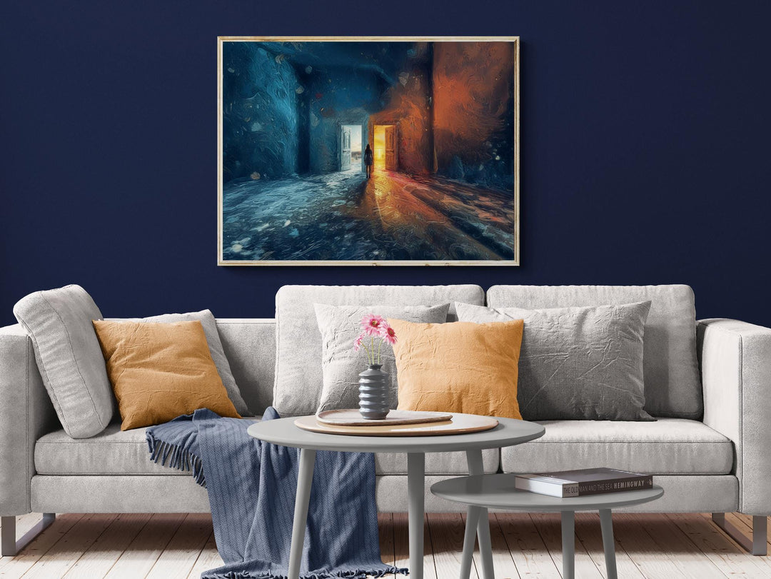 Surreal digital painting of a solitary figure in a textured room with two open doors, one revealing a cold moonlit night and the other a warm sunrise, symbolizing transformation and choice.