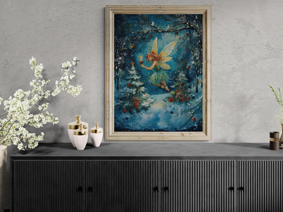 Enchanted winter scene of a fairy holding a glowing candle as she floats through a snowy forest decorated with ornaments and Christmas gifts, blending fantasy and holiday magic.