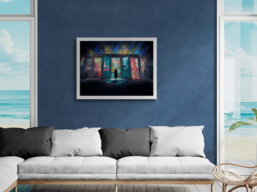 Person stands before vibrant open doors leading into colorful dream worlds under a starry sky