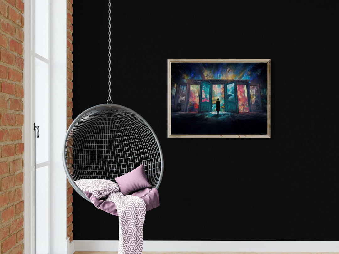 A silhouetted figure gazes into a series of open, glowing portals revealing surreal landscapes filled with color, cosmic light, and imagination — a stunning fantasy wall art piece