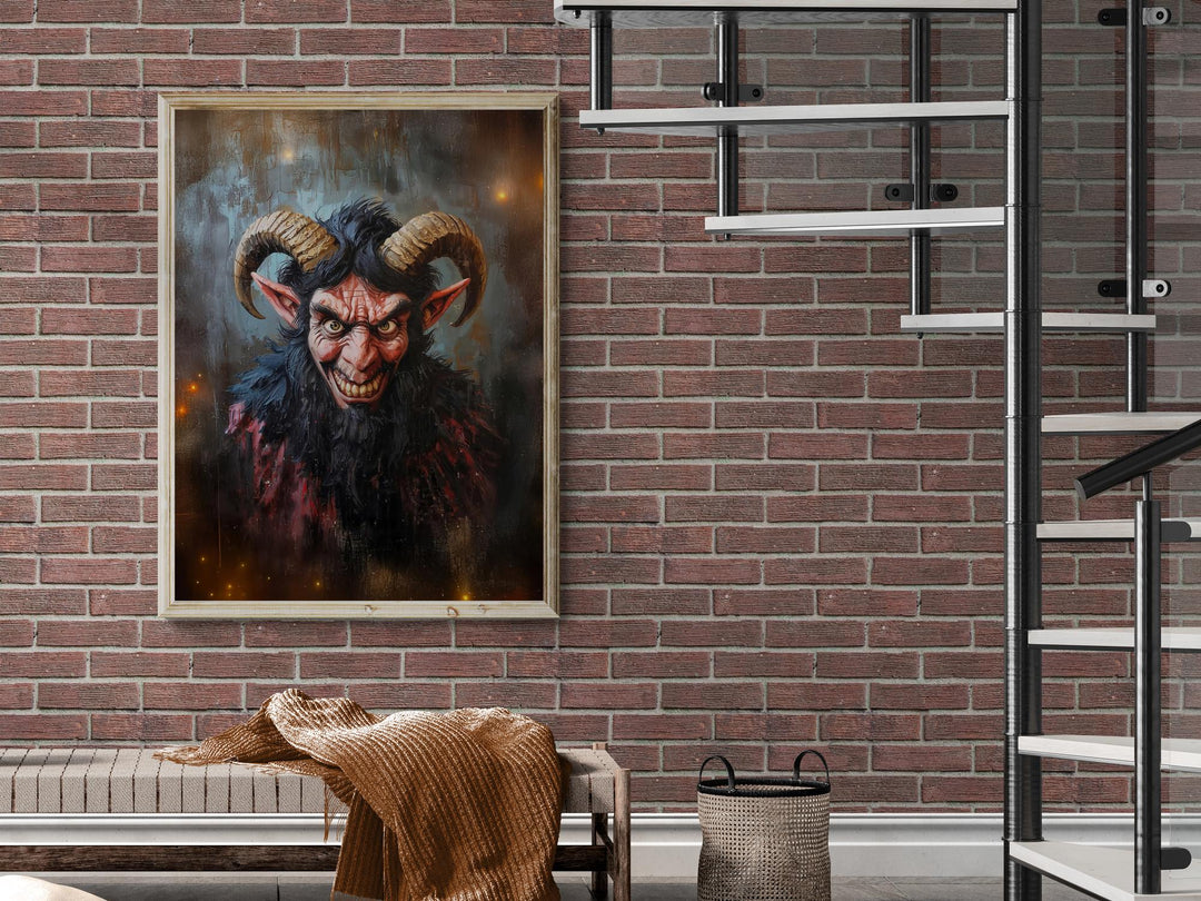 Hyper-detailed gothic portrait of Krampus the Christmas demon, featuring twisted horns, fiery eyes, and painterly brushwork — ideal for horror or fantasy art lovers.