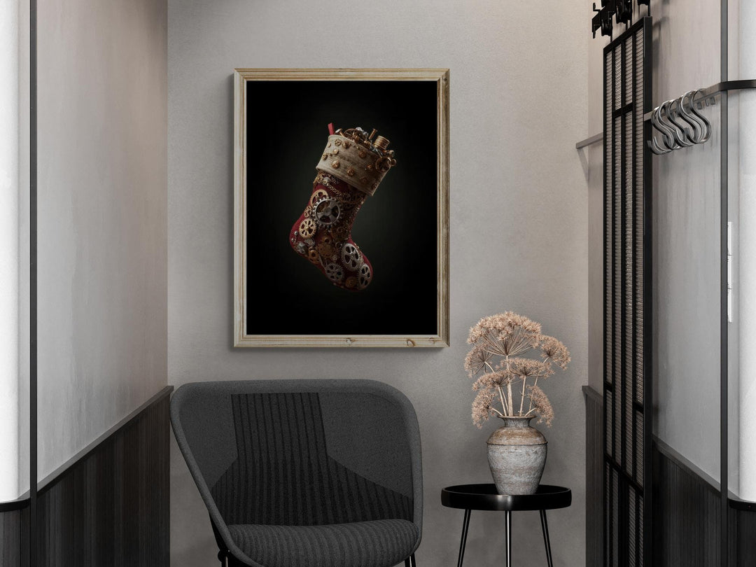 A Christmas stocking crafted from gold gears and clock parts against a dark background