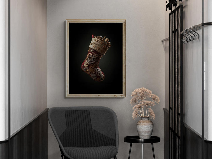 A Christmas stocking crafted from gold gears and clock parts against a dark background