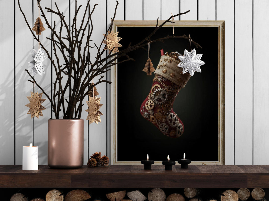 A Christmas stocking crafted from gold gears and clock parts against a dark background