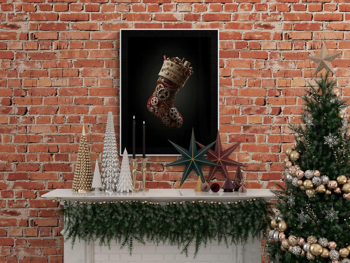 A steampunk-inspired Christmas stocking composed of intricate brass gears, screws, and cogs on a red base, photographed dramatically against a dark backdrop — a perfect fantasy holiday wall art print