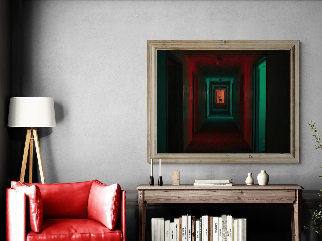 Surreal reindeer Christmas print of reindeer in liminal space hallway with red and green lighting.