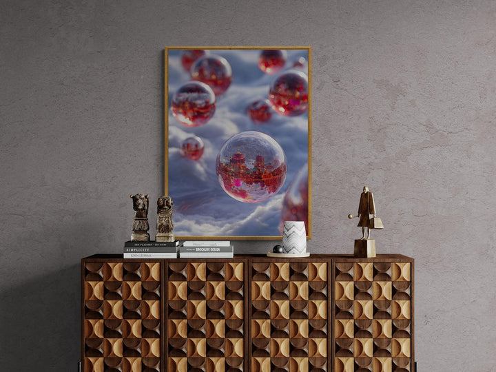 Surreal dreamcore city inside glowing orbs over snow. Weirdcore fantasy sci-fi canvas wall art for unique and imaginative decor.