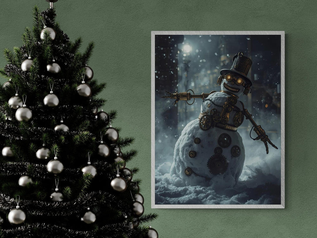 Steampunk snowman with brass goggles, gears, and clockwork details, wearing a top hat and scarf, standing in a snowy Victorian winter scene.