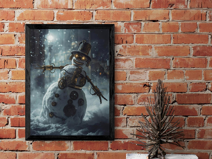 Whimsical steampunk snowman decorated with gears and cogs, wearing a vintage top hat and goggles, in a frosty winter landscape