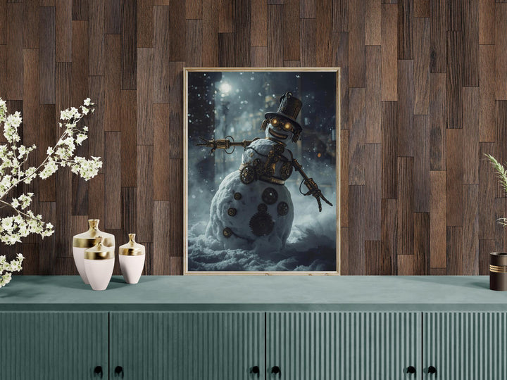 Steampunk snowman with brass goggles, gears, and clockwork details, wearing a top hat and scarf, standing in a snowy Victorian winter scene.
