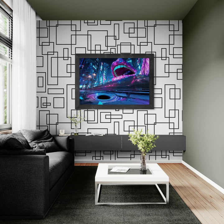 Surreal neon mouth cyberpunk print with galaxy glow—available as gallery wrapped canvas or poster. Sci-fi dreamcore wall art, perfect for weirdcore, futuristic, and trippy aesthetic decor.
