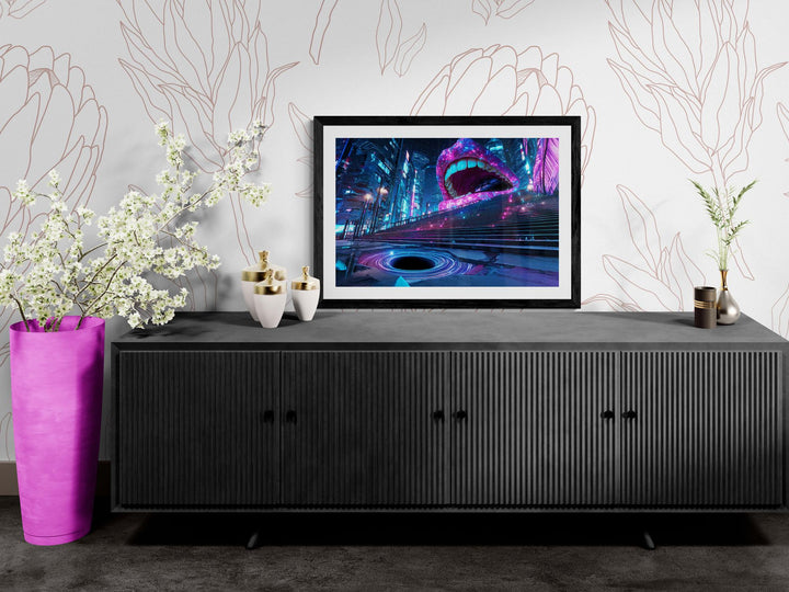 Surreal neon mouth cyberpunk print with galaxy glow—available as gallery wrapped canvas or poster. Sci-fi dreamcore wall art, perfect for weirdcore, futuristic, and trippy aesthetic decor.