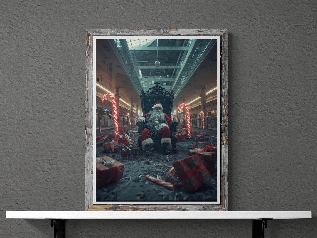 Dark surreal Santa wall art in abandoned mall with candy canes. Perfect for fans of weirdcore and liminal spaces.